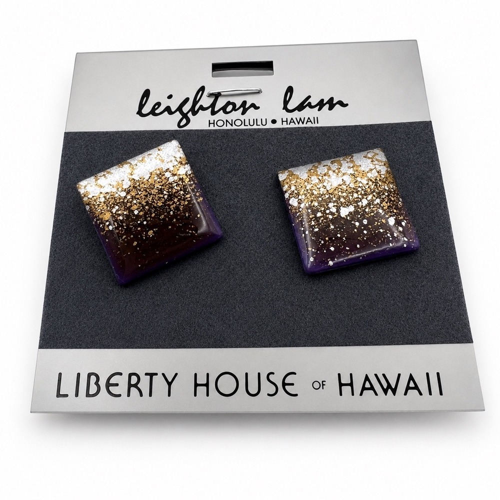 Leighton‎ Lam Hawaii Vintage Purple Gold Silver Resin Square Stud Earrings NEW